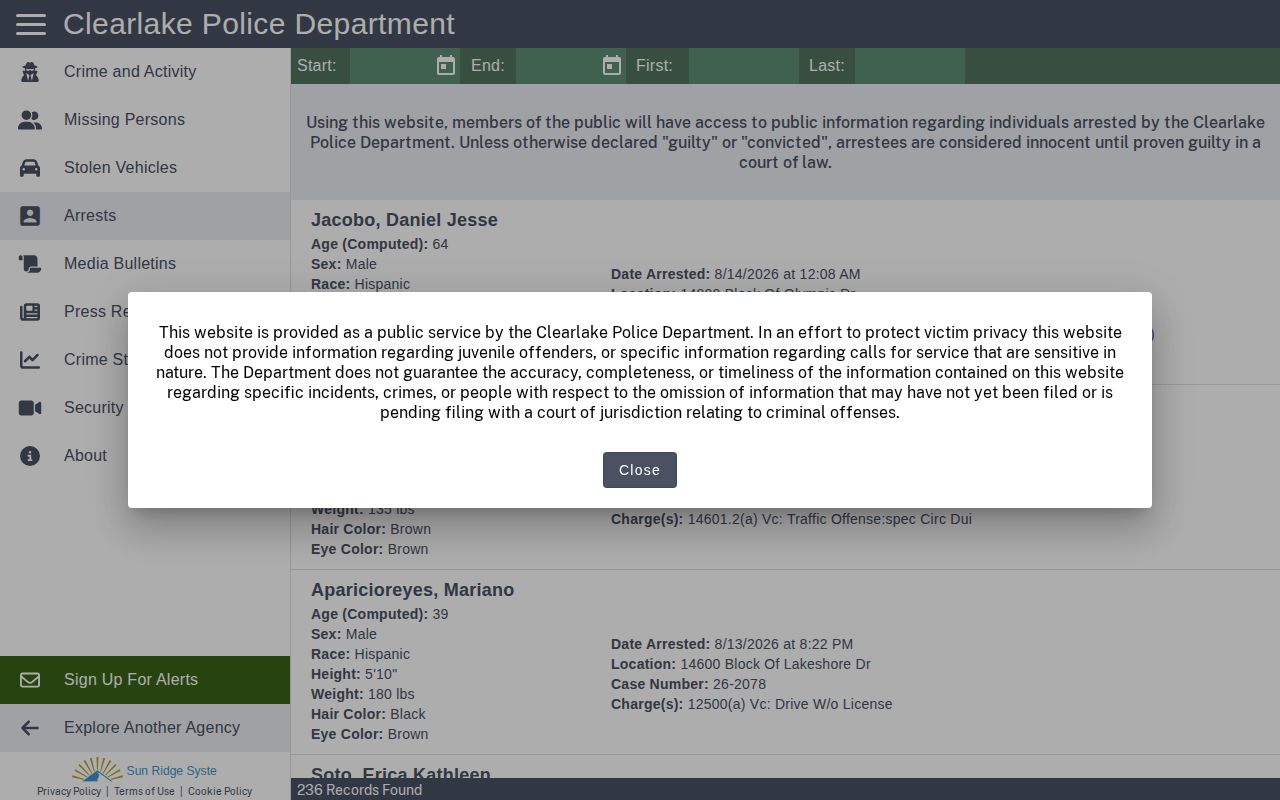 Clearlake Police official arrest records search without mugshot photos