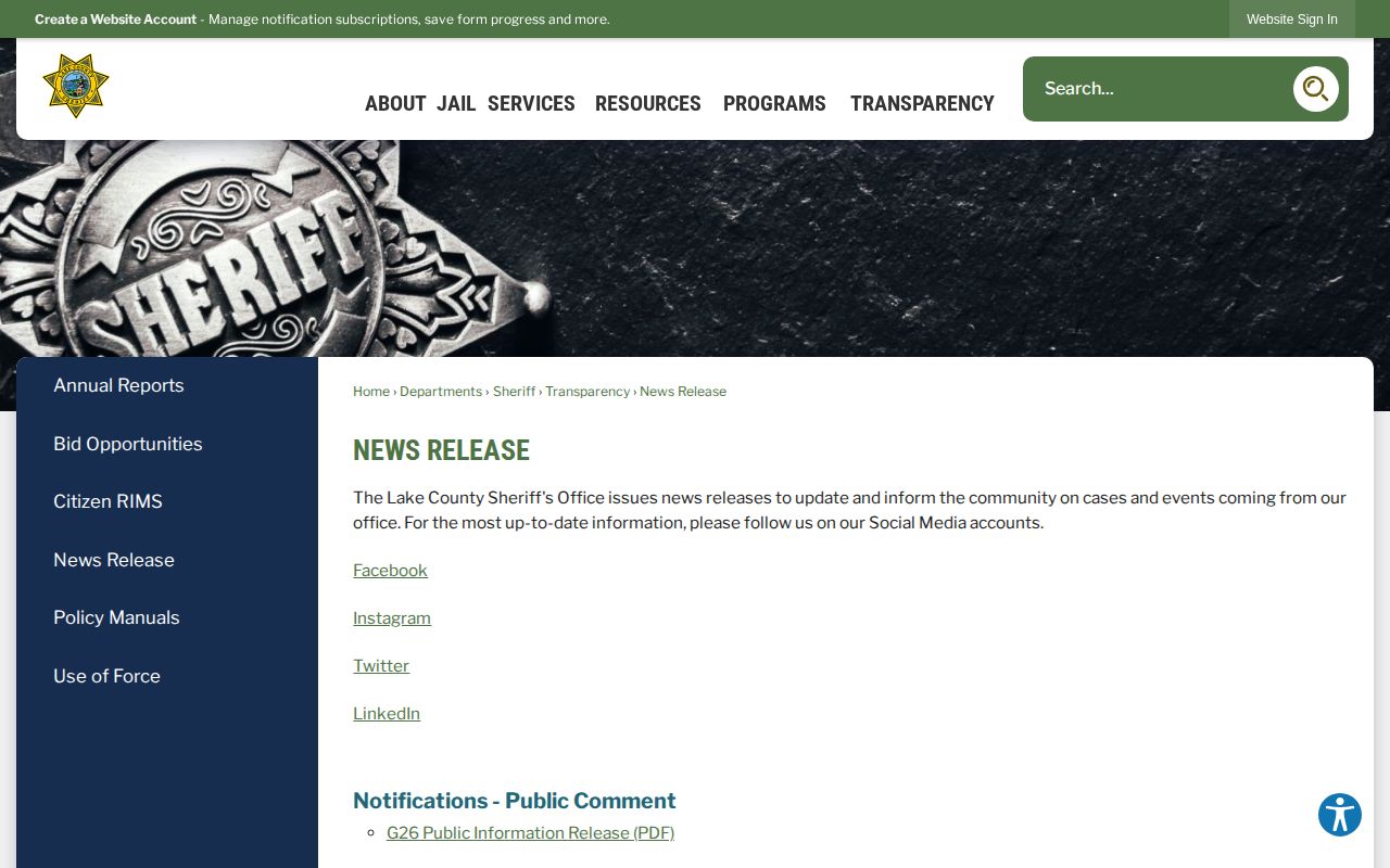 Lake County Sheriff's Office official news release page