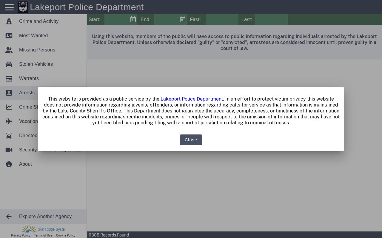 Lakeport Police Citizen RIMS official arrest record search without mugshots