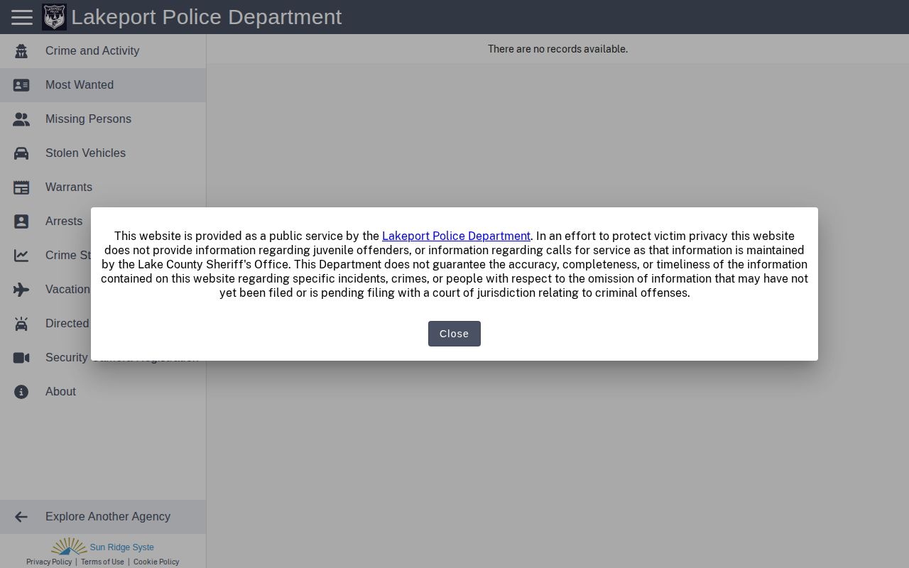 Lakeport Police Citizen RIMS Most Wanted interface with no public listings